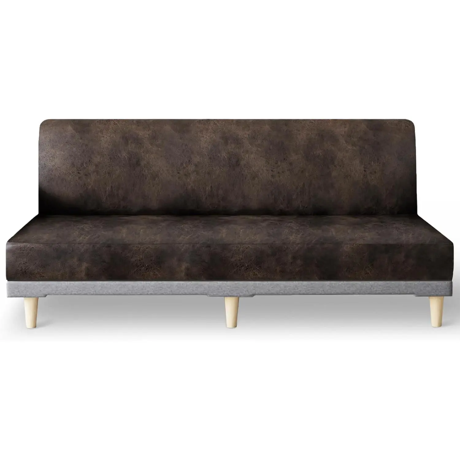 Leather Like Stretch Futon Slipcover, Armless Futon Bed Sofa Cover Furniture Protector with Elastic Bottom, Soft Washable Futon Cover for Sofa Bed Stay in Place (Larger, Dark Brown)