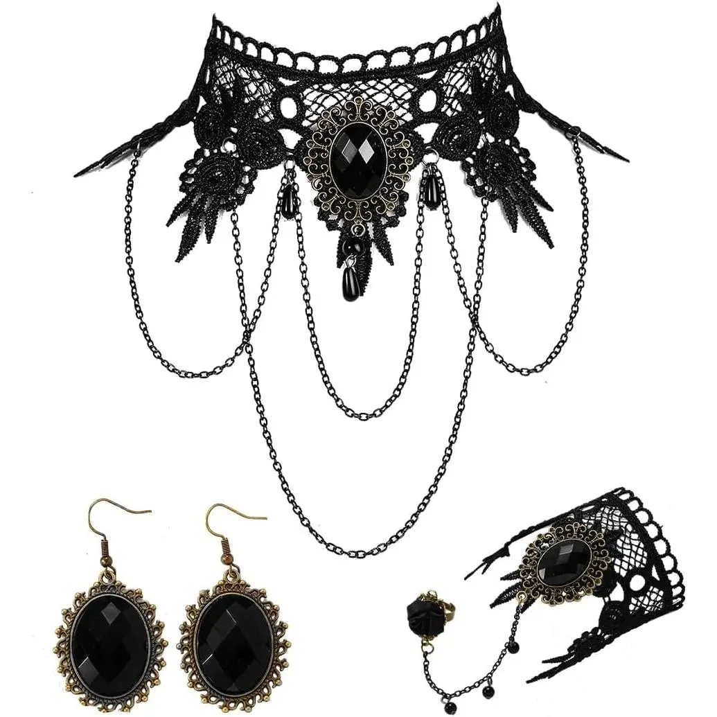 MTAADSQ Halloween Choker Earrings Bracelet Set for Punk Steam punk Costume Party, Women Gothic Black Lace Necklace  Lolita Victorian Hallowee Choker Vampire Pendant