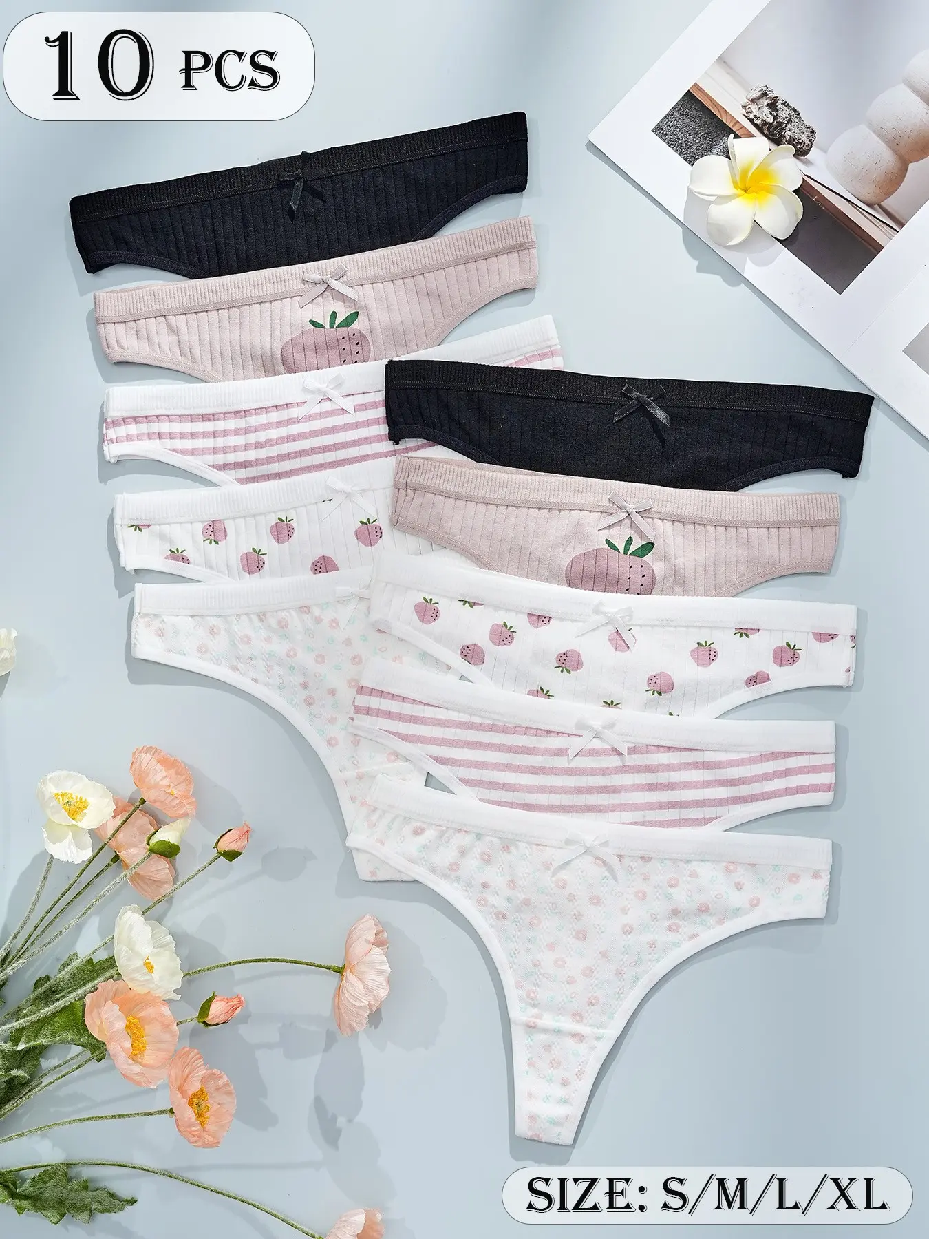 10 Pcs Sexy Floral Thongs for Women, Soft & Comfortable, All-Season Wear, Bow Design, Multi-Color Set, Fitted Style