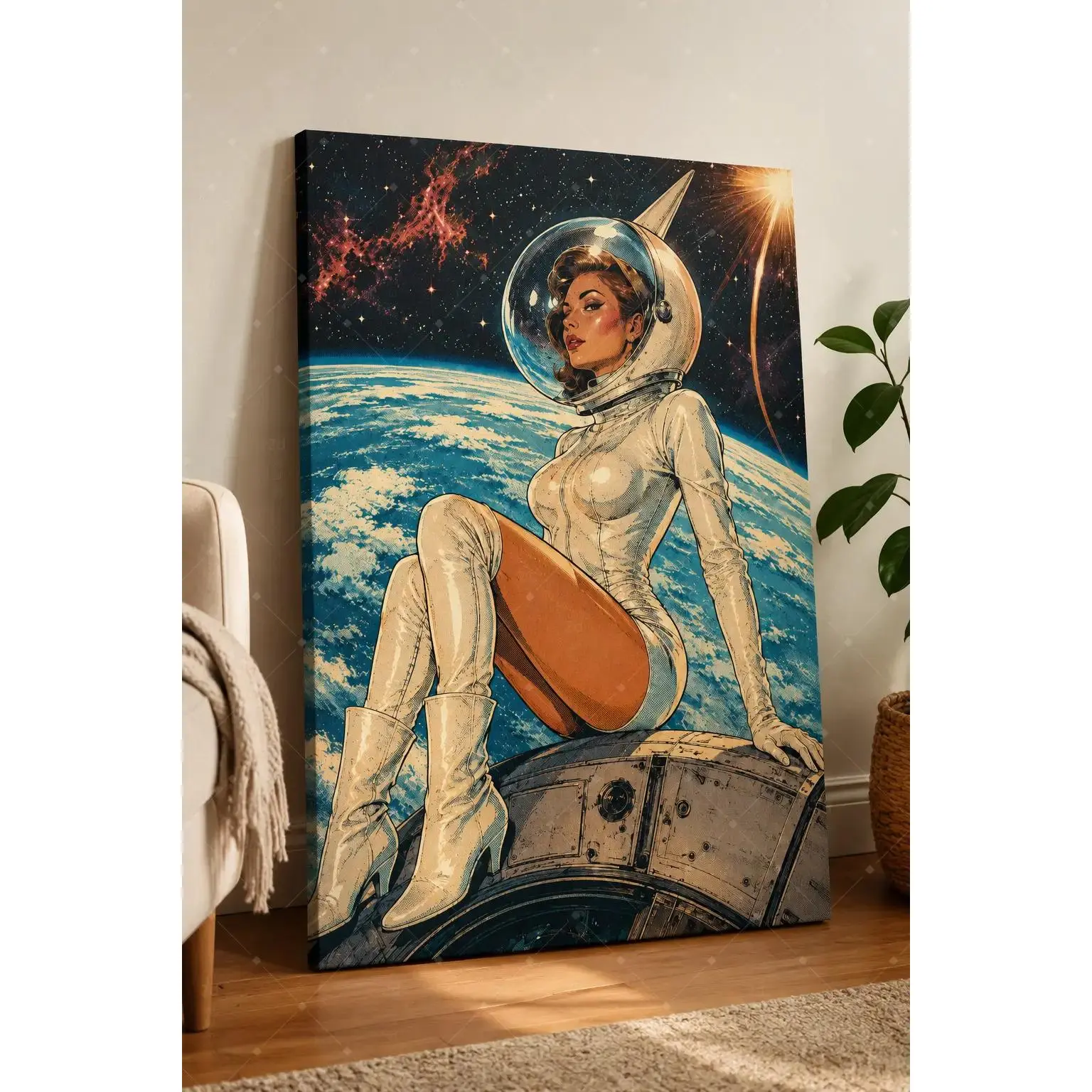 Retro Space Woman Artistic Canvas Wall Artwork, Vintage Sci-Fi Astronaut Poster Print, Cosmic Home Decor for Bedroom, Living Room, Unframed Poster or Framed Canvas Wrap Gift