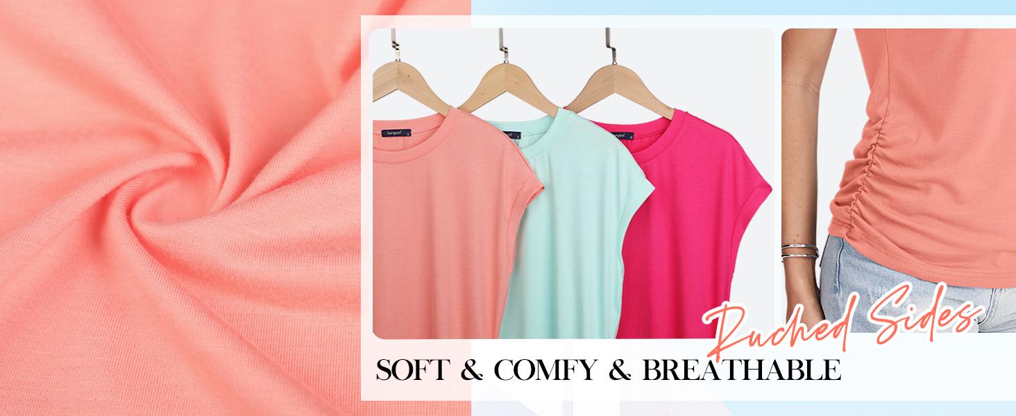 OFEEFAN Womens Summer Tops Trendy 2025 Ruched Cap Short Sleeve Tshirts Shirts Crew Neck T Shirts Fashion