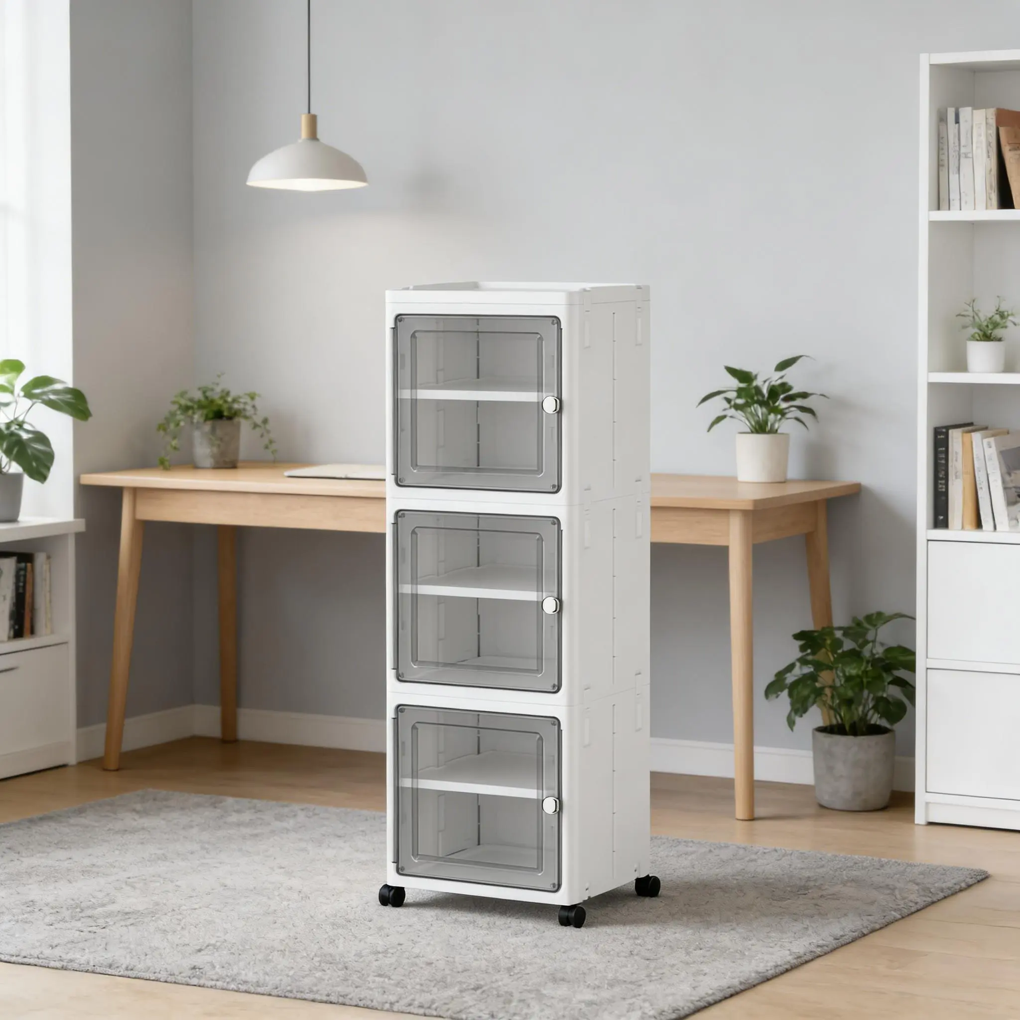 Kitchen Storage Small Apartment Narrow Gap Foldable Plastic Storage Cabinet Adjustable Layer Dividers With Rolling Wheels Transparent Dustproof Door Living Study Gap Clothes Snack Vertical Organizer