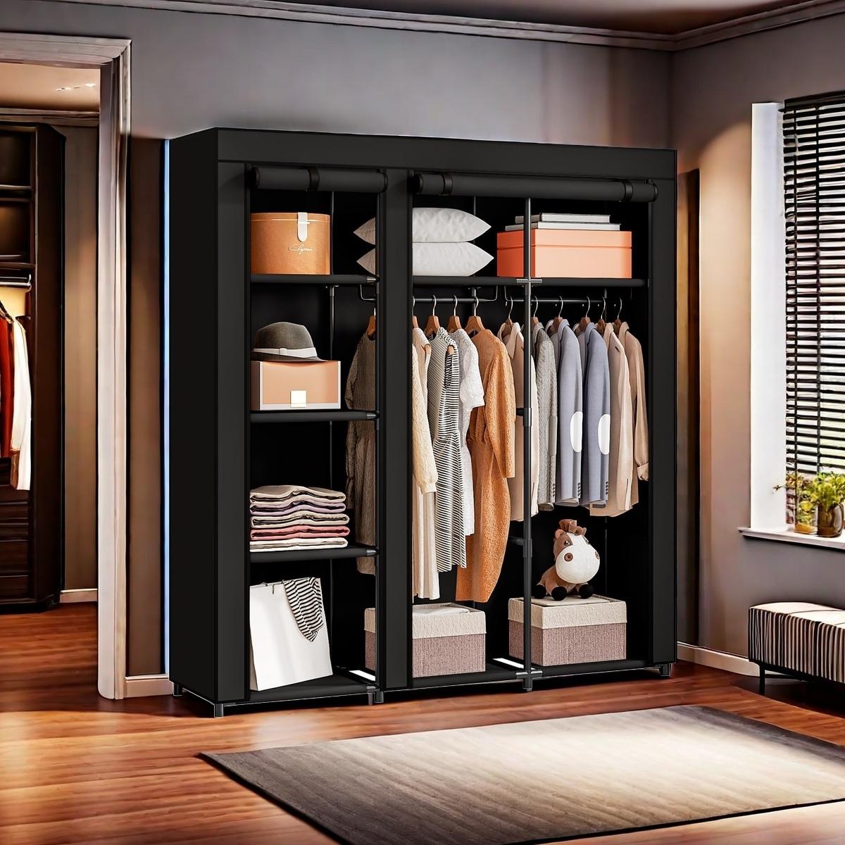 LINZINAR Portable Closet Large Wardrobe 51in Clothes Organizer with 2 Shelves 4 Hanging Sections Metal Frame Dustproof Home Bedroom Storage