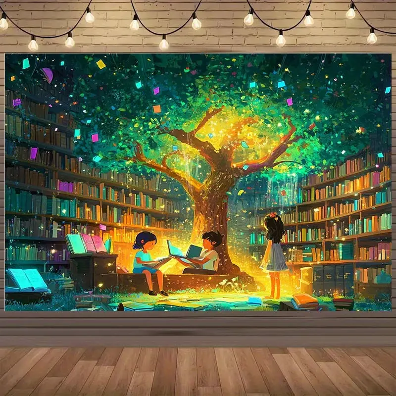 Magical Library Tree Backdrop with Bookshelves and Reading Children Design for Birthday Parties and Library Decor
