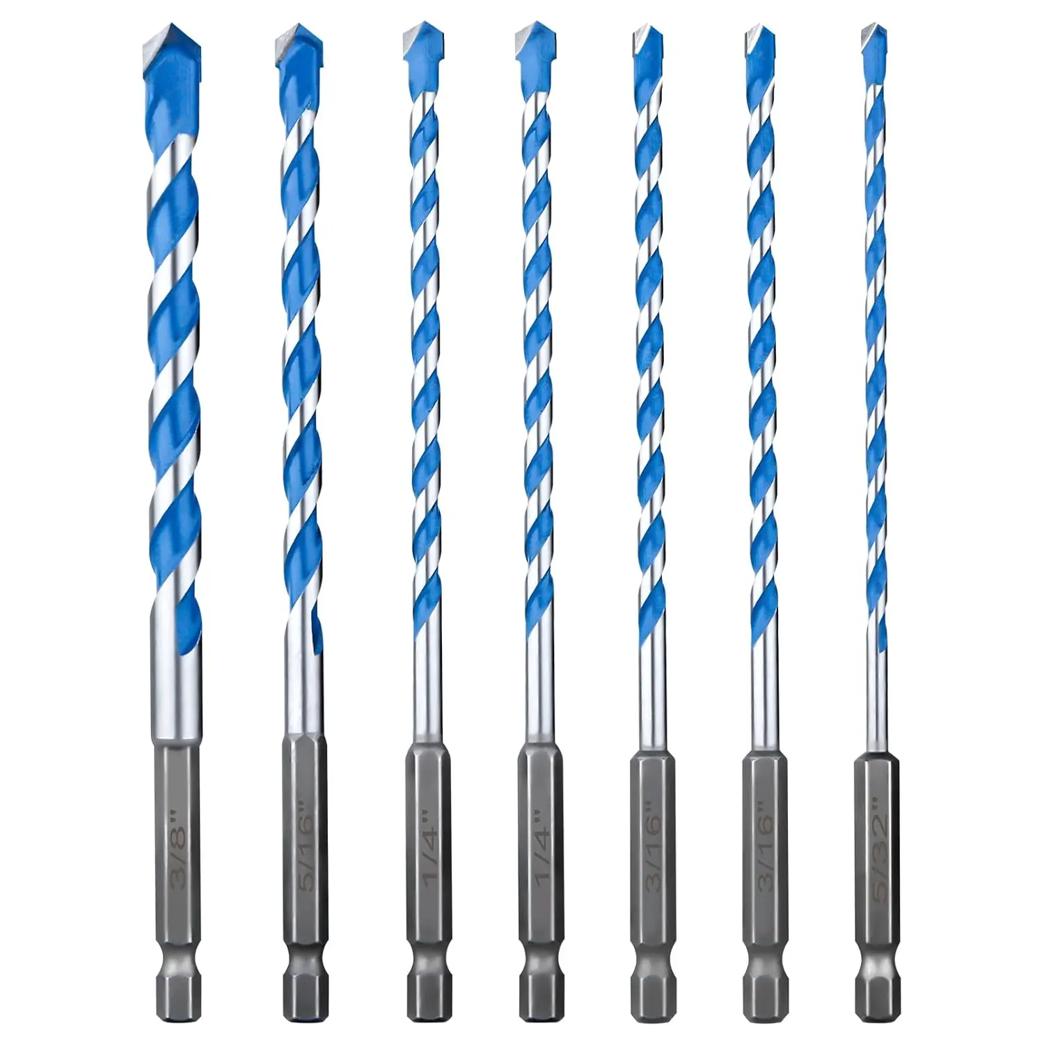 7- Multi-Material Drill Bit Set for Masonry, Concrete, Brick, Tile, and Glass - Industrial Carbide Tipped, 1/4" Hex Shank Shockproof Bits, Sizes 5/32" to 3/8" by