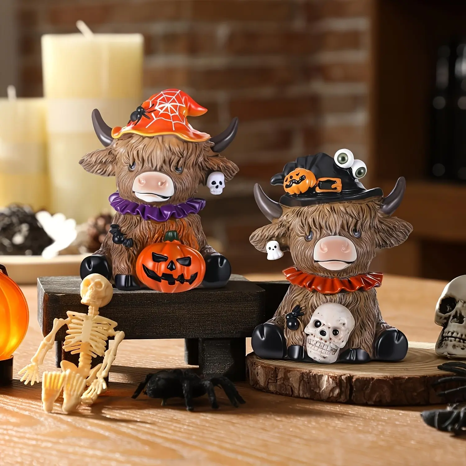 Halloween Skull Pumpkin Highland Cow Statue, Handmade Desktop Decor, Office Desk Decoration Gift, Home Ornament, Unique Halloween Craft