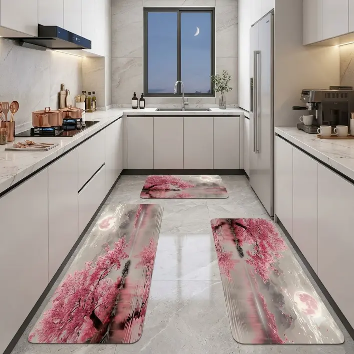 Pink Cherry Blossom Tree 3 Piece Anti Fatigue Kitchen Mat Set, Cushioned Flannel Rugs Runner with Non Slip Backing, Absorbent Standing Mats 16"×24", 20"×31",20"×47"