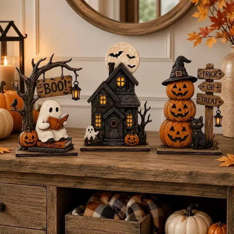 Vintage Halloween Tabletop Decor Set of 3, Resin Spooky Ornaments with Ghost, Haunted House, Stacked Pumpkin & Black Cat Figurines, Trick or Treat Sign, Fall Harvest Decor, Spooky Season Desktop Centerpiece for Home Mantel Shelf Decoration