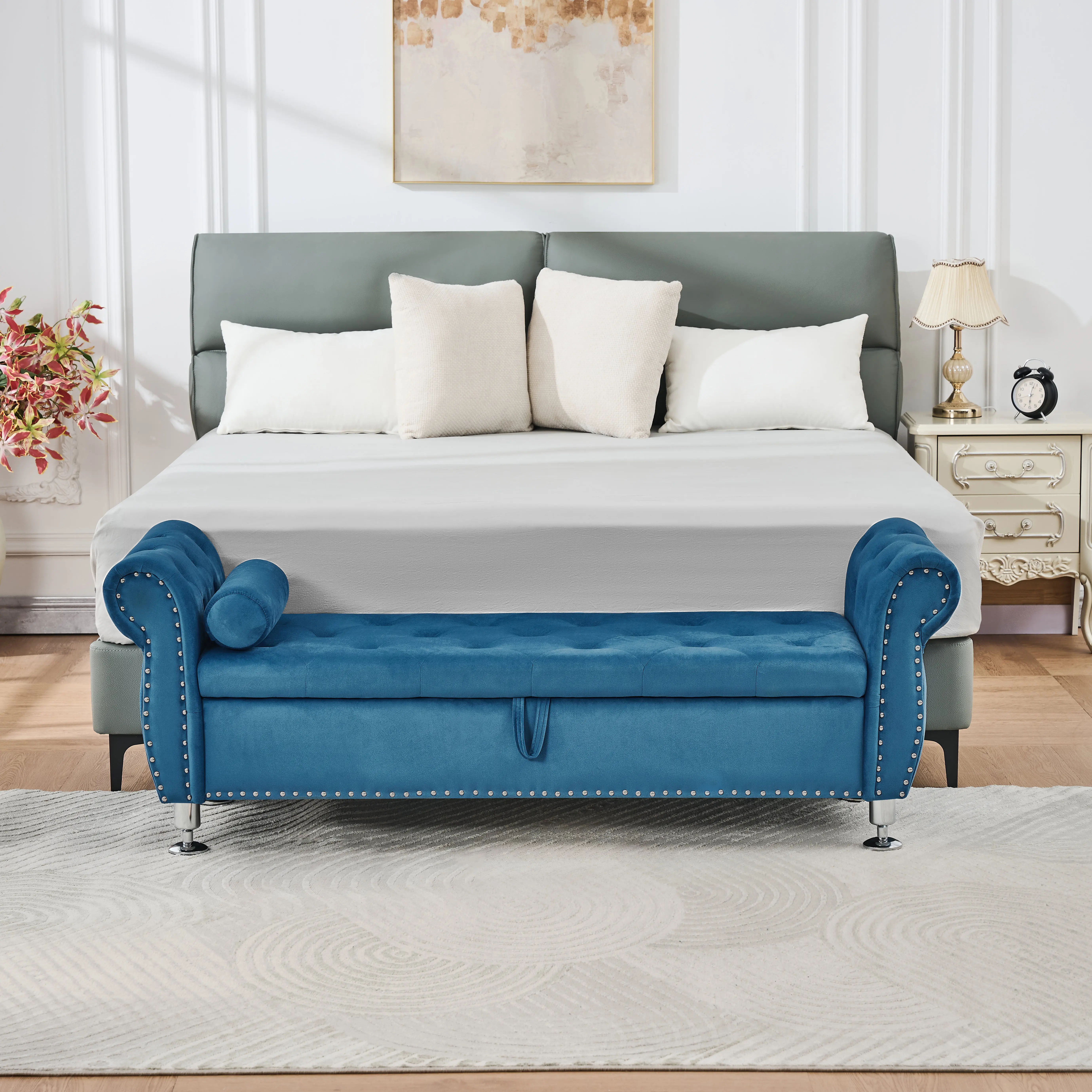 ARCH 62.2 Inch Soft Velvet Storage Bench with Crystal Buttons and Pillow, Blue Eucalyptus Wood Frame, Internal Storage for Bedroom Living Room Entryway, Safety Hinge, 300 lbs Capacity, Blue Color Options, Eucalyptus Material, Product Dimensions: