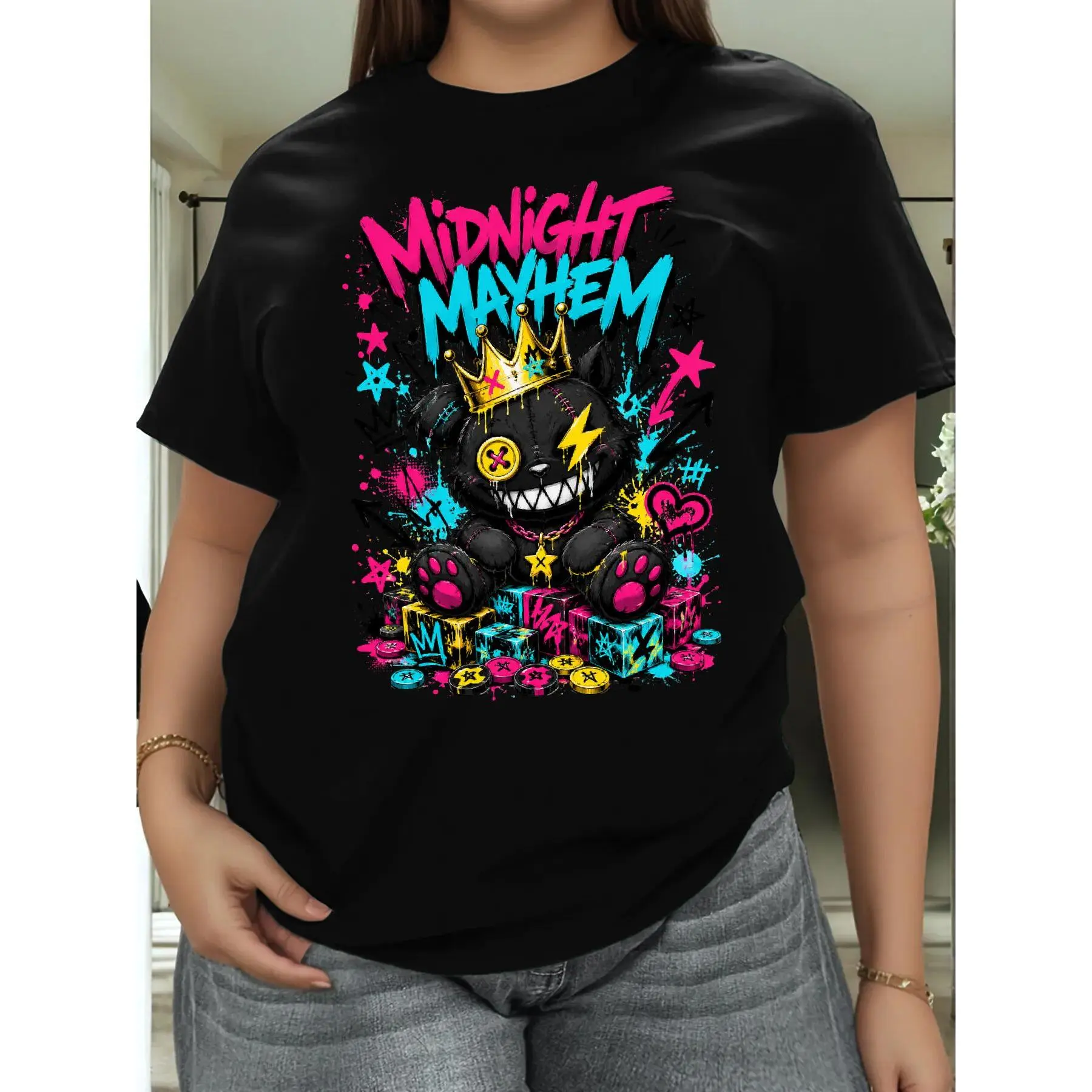 Street King Bear Funny Aesthetic Graphic Plus size T-Shirt Casual Plus size T Shirts Trending Tees Tops for Womens