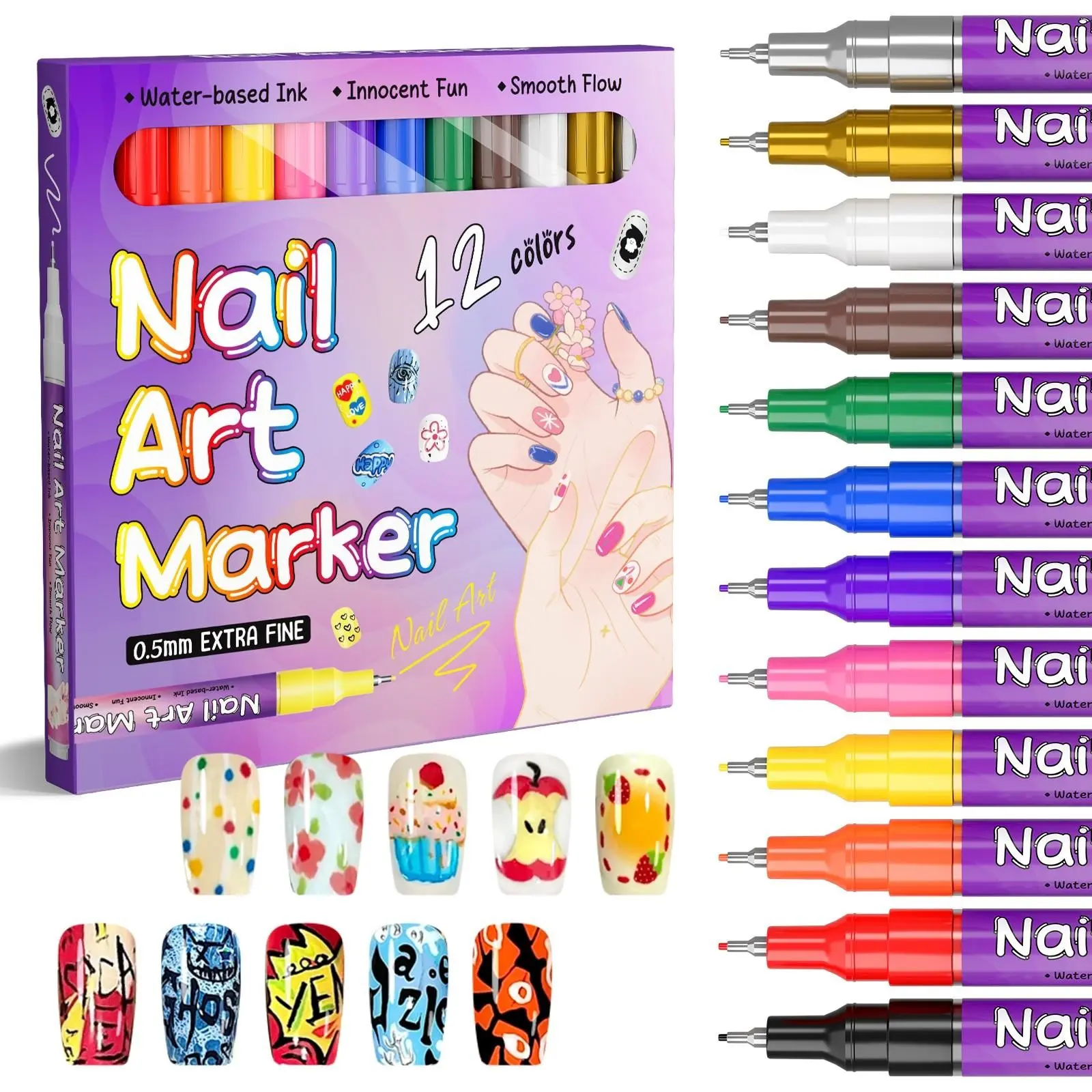 12pcs Large Capacity Acrylic Nail Art Markers, 12 Colors Fast Dry Tips, DIY Manicure Tools, Professional Nail Art Supplies