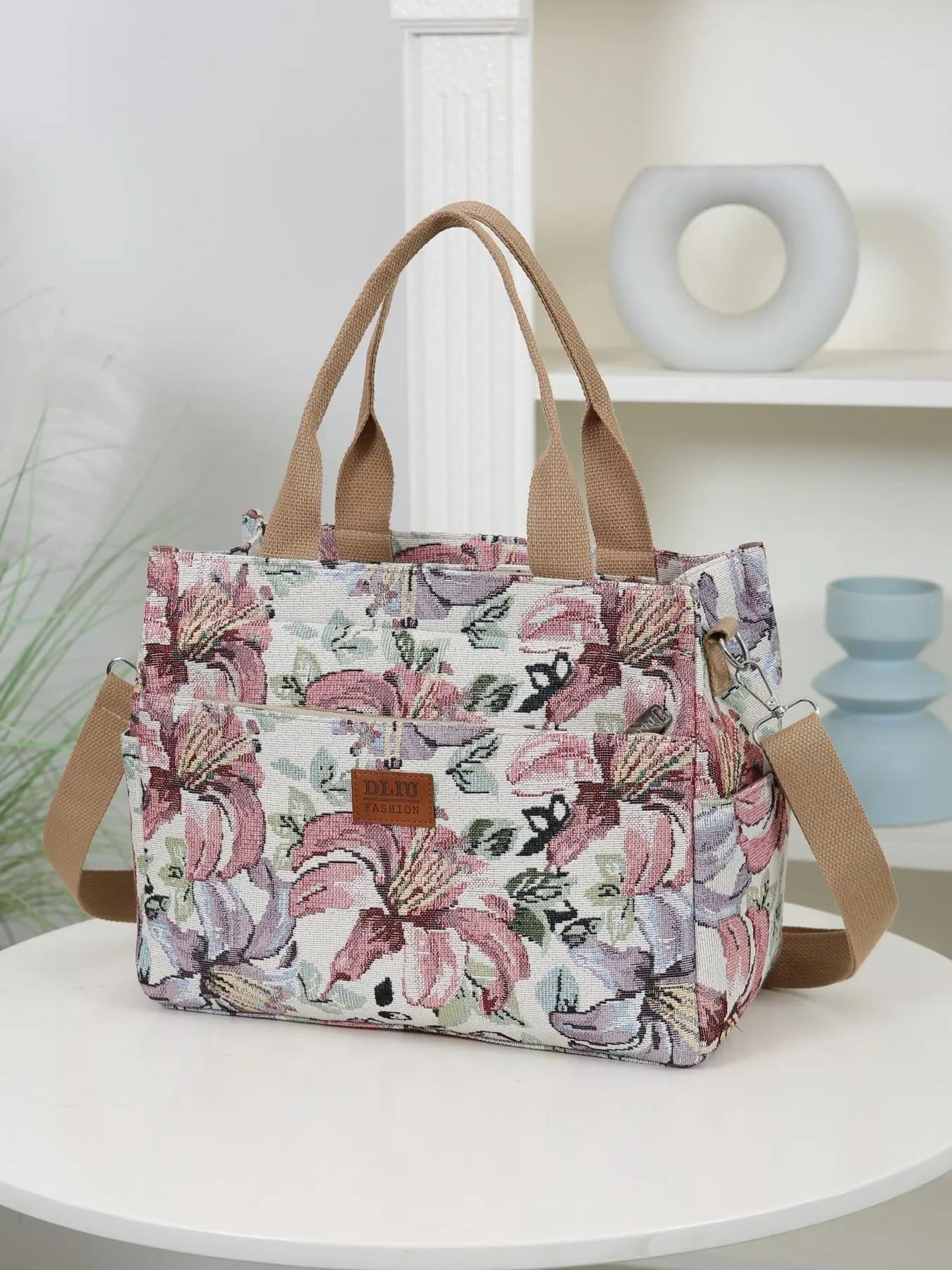 New Large Capacity Thick Knit Jacquard Fabric Handbag, Floral Pattern Crossbody Bag, Shoulder Bag, Storage Bag, Daily Use