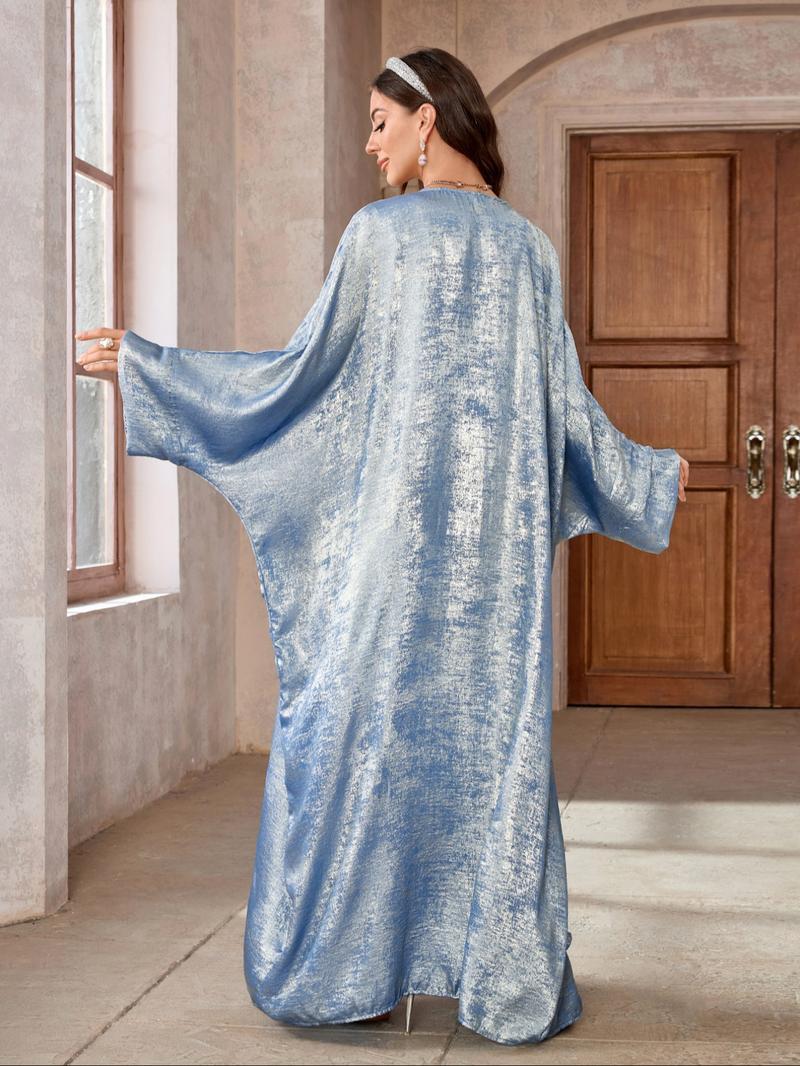 Women's Glossy Solid Batwing Sleeve Abaya without Hijab, Elegant Long Sleeve Open Front Abaya for Party Holiday Daily Wear, Islamic Abaya, Muslim Clothes for Women
