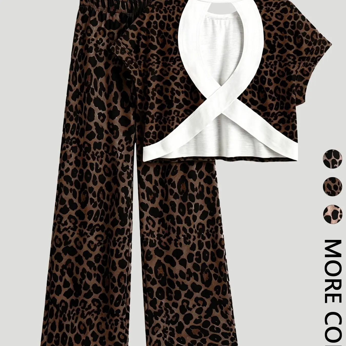 Women's Leopard Print Casual Loungewear Homewear Pajamas Two-Piece Set, Round Neck Short Sleeve Backless Top & Lounge Long Pants, Comfortable Wear, Casual Loungewear Sleepwear