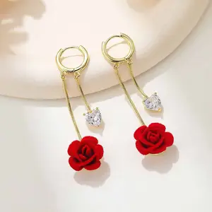 2026 French Retro Red Rose Artificial Gemstone Stud Earrings, Model E50260-EH