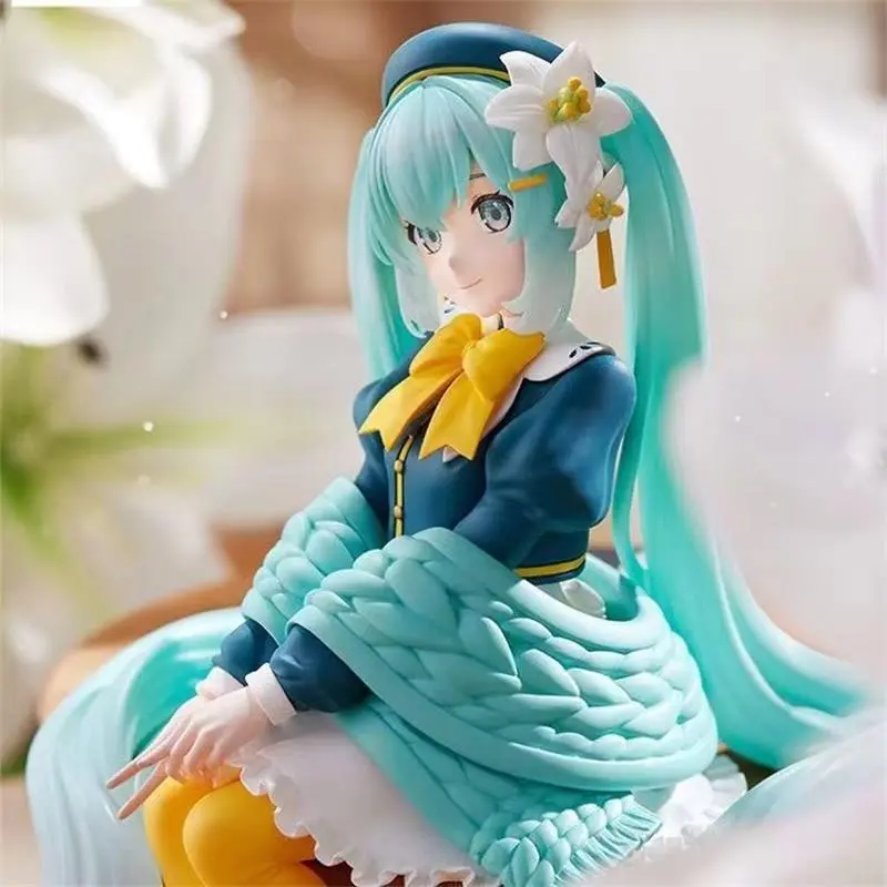 5.71 Inch Hatsune Miku Anime Figure, Vocaloid Winter Knit Sweater Sitting Statue, Cute Girl Collectible Doll, Desktop Display Gift