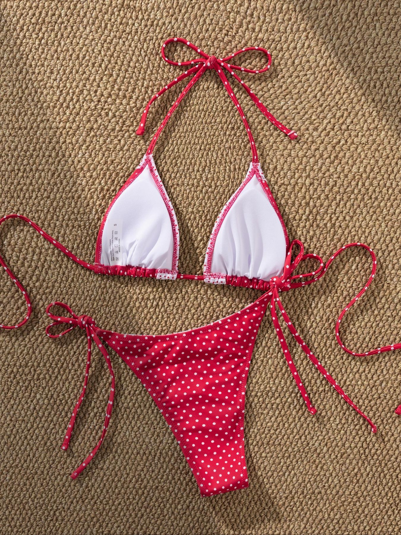 Two-piece Set Women's Polka Dot Print Bikini Set, Casual Fashion Chic Tie Back Swim Bra & Tie Side Swim Panty, Ladies Swimsuit for Beach Holiday Vacation, Colorblock Bikini Set, Summer Swimsuit Set, Swimsuit Style Bikini