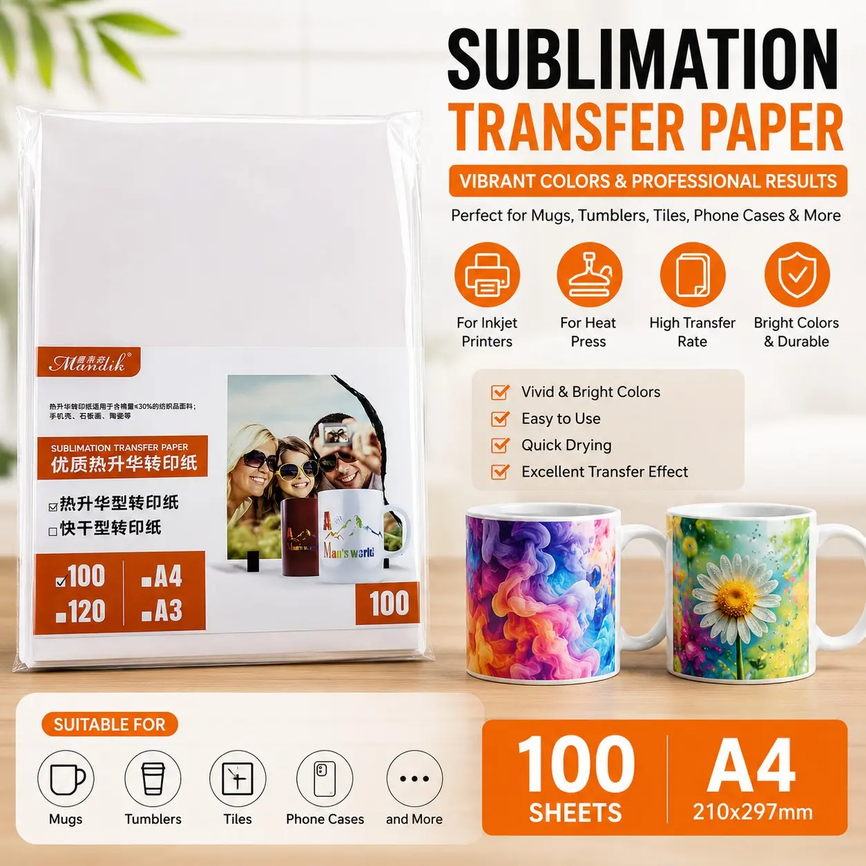 A4 Heat Transfer Paper 100 Sheets, Quick Dry, Compatible with Inkjet, Ideal for DIY Customization, Cups, T-Shirts, Ceramics, Phone Cases