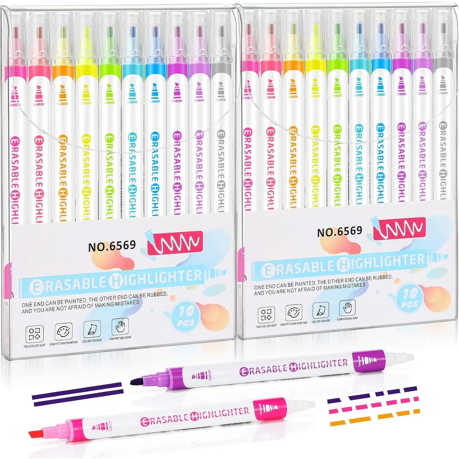 20 count Erasable Highlighters Set, 10  Pastel Colors | No Bleed Highlighters for  Journaling, Note Taking,  Tip with Eraser Cap for Students School Office Supplies
