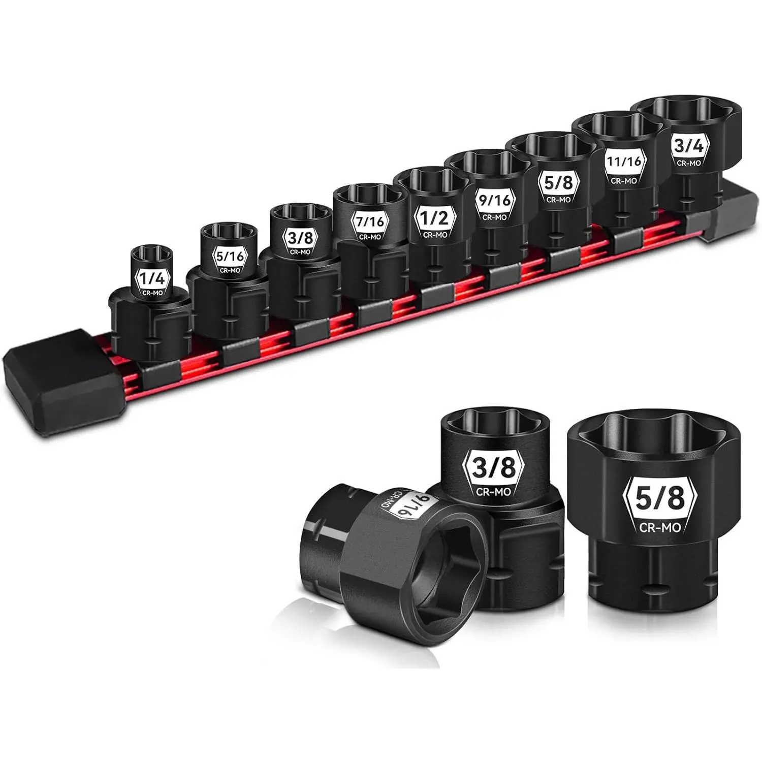 9- 3/8" Drive SAE Low Profile Nano  Socket Set 1/4"-3/4", Cr-Mo,6-Point,Stubby Socket Set for Tight Spaces