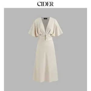 Cider [size 0-10] Linen-blend V-neck Solid Ruffle Ruched Midi Dress Dealsforyou