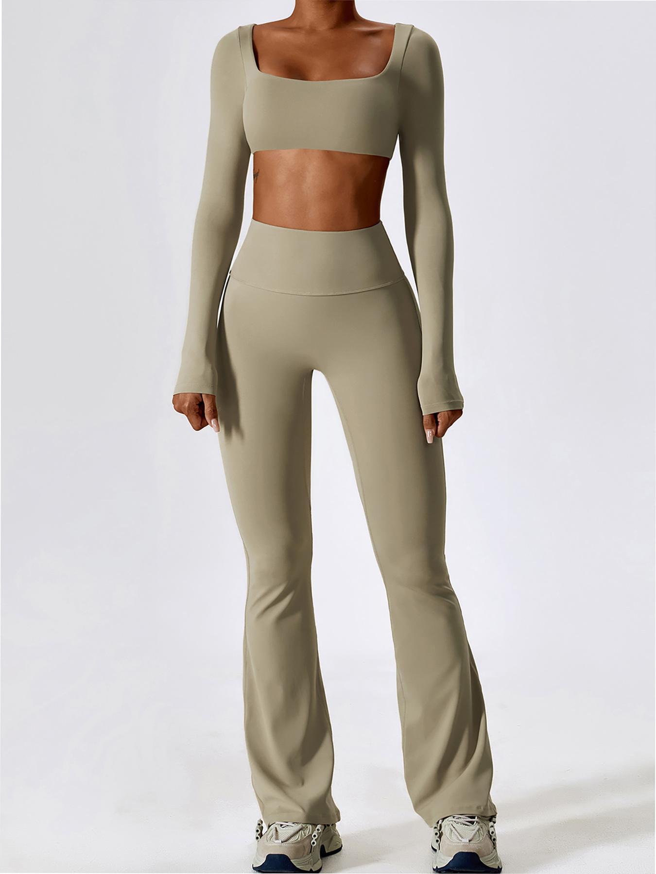 Women's Solid Square Neck Crop Top & High Waist Flare Leg Pants Set, Sporty Comfy Breathable Long Sleeve Top & Bell Bottom Trousers Two/Four-piece Outfits for Yoga Workout, Ladies' Clothes for All Seasons, Gym Wear, Sweatsuit Set