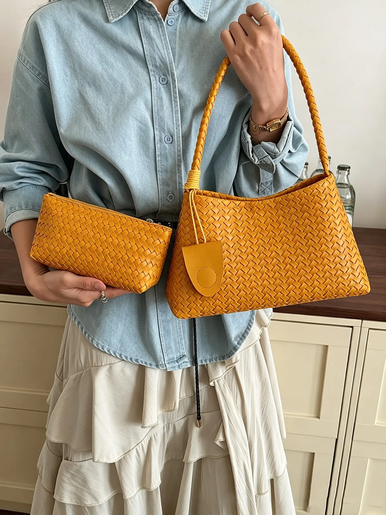Women Woven Faux Leather Shoulder Bag with Matching Pouch, Braided Handle Underarm Handbag, Vintage Daily Shopping Baguette Purse