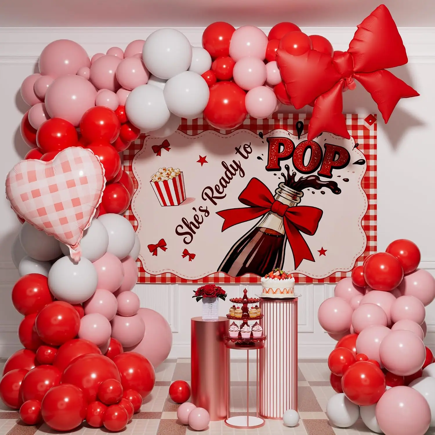 "She's Ready to Pop" Letter Print Party Decorations Set - Balloon Arch, Foil Balloon, Backdrop, Baby Items for Baby Shower, Gender Reveal Festive Supplies