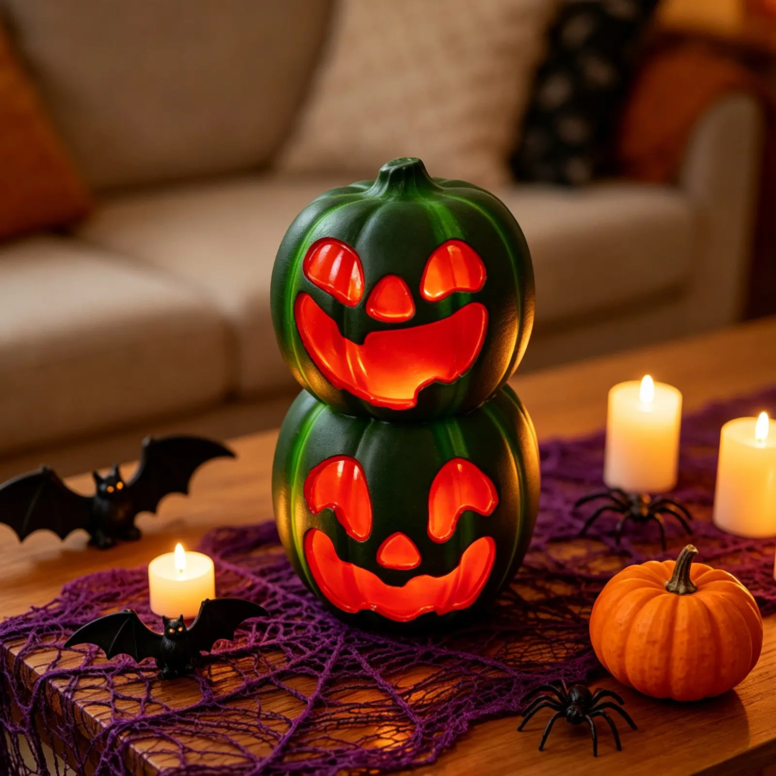 1PC Double-Layer Light-Up Green Pumpkin Lamp, Halloween Watermelon-Colored Jack-o'-lantern Resin Light, Indoor Tabletop Decor, Halloween Party Ornament