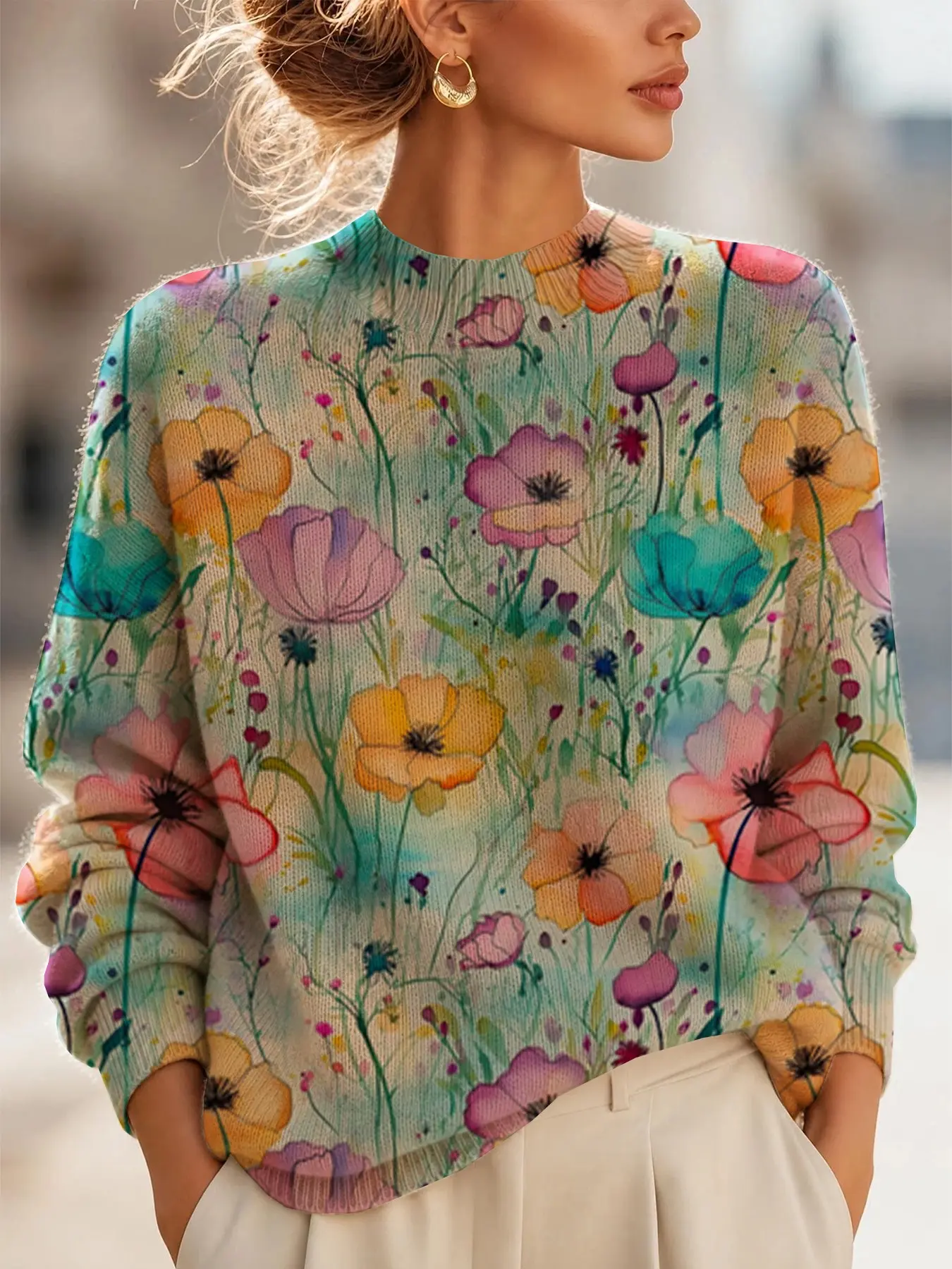 Women's New Fashion Sweater, Allover Floral Print Long Sleeve, Warm and Versatile, Casual Fitted Sweater for All Seasons