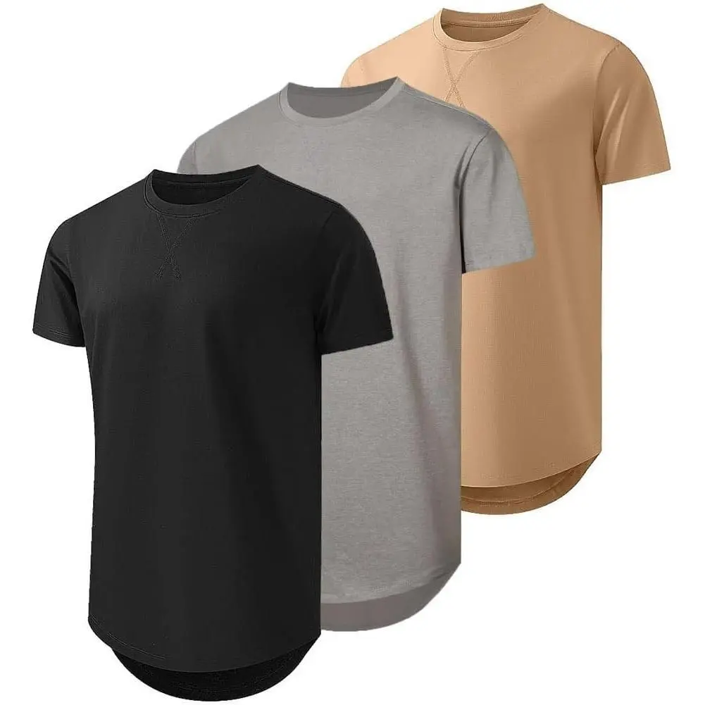 Mens 3 Pack Longline Crewneck T Shirts Hipster Tee Set | Cotton Blend Fabric, Crewneck, Machine Wash, Curved Hem, Stretch Comfort, Casual Longline Hipster Tops