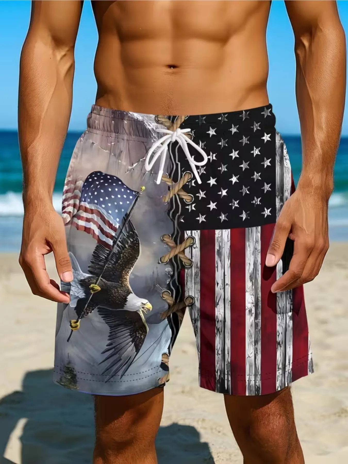 Summer Men's Star-Spangled American Flag Eagle Print Hawaiian Beach Shorts, Quick-Dry Breathable Swim Trunks, Independence Day Leisure Pants