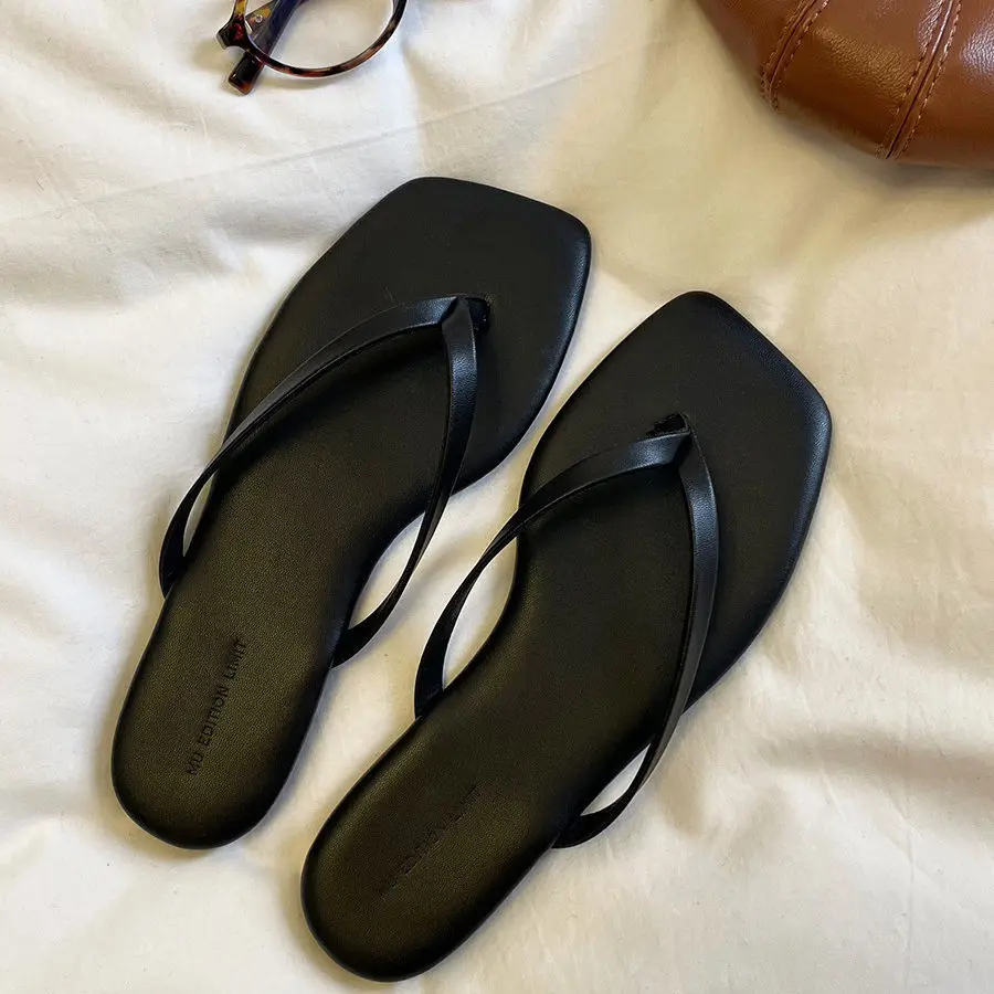 Women's Korean-Style Square Toe Flip Flops, Soft Microfiber Slip-On Sandals, Chic Casual Soft EVA Noise-Reducing Foam Rubber Sole for 2026 Spring Summer Daily Outdoor Wear, Solid Color
