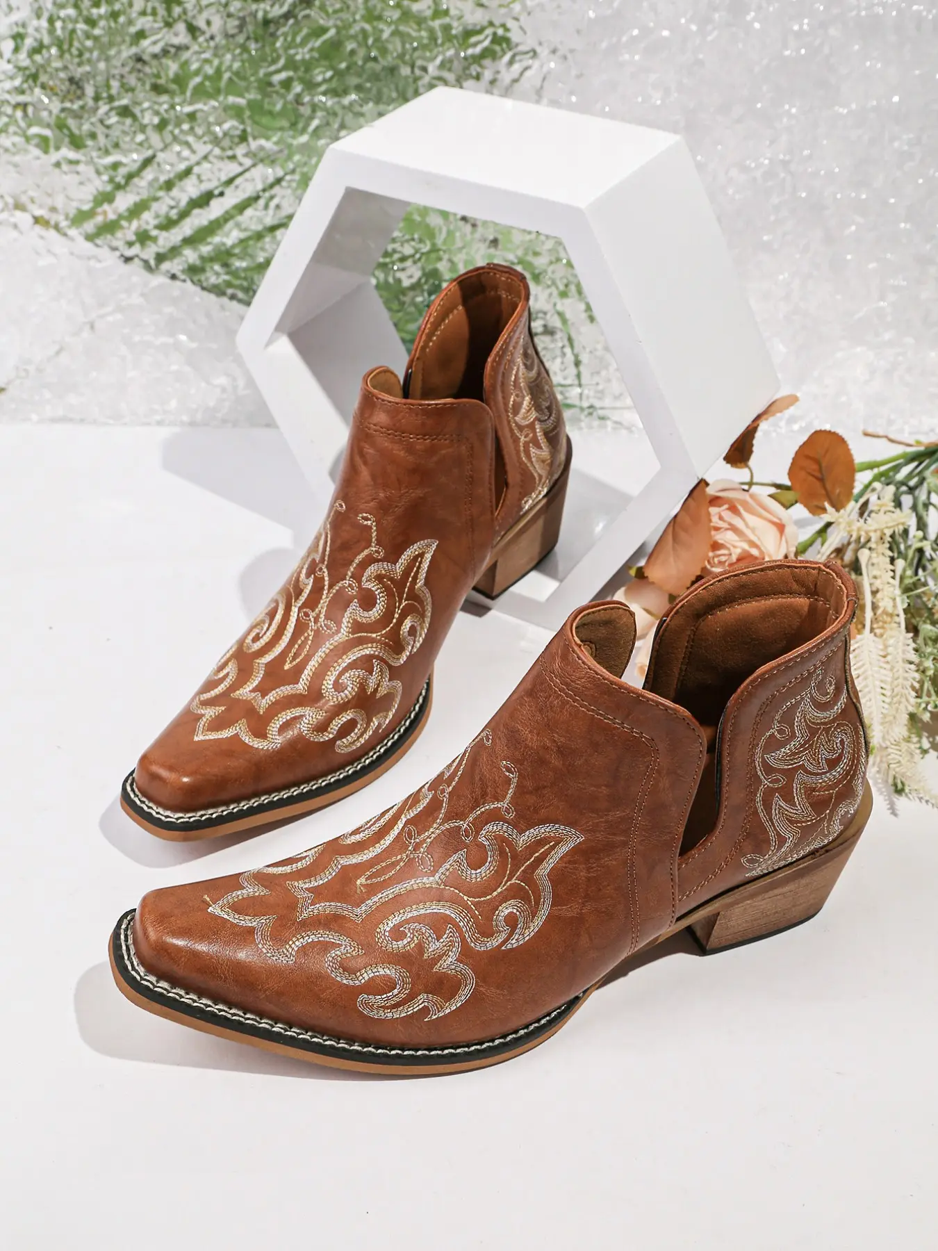 Women's Wine Retro Vintage Western Style Cowboy Pointed Toe Short Boots, Casual Versatile Comfortable Side Cut Fashion Boots