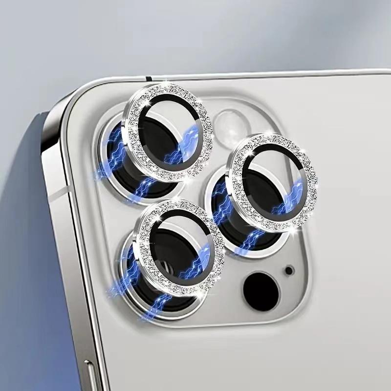Glitter Ring Camera Lens Protector, Diamond-shaped Camera Lens Protective Film, Full Coverage Lens Cover Compatible With iPhone 16, 15, 14, iPhone 13, 12, 11 Series, Men Gifts