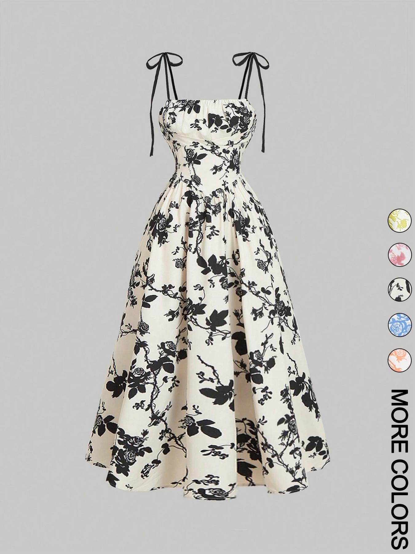 Women's Floral Print Tie Shoulder Cami Dress, Fashion Casual Sleeveless Spaghetti Strap Dress for Daily Outdoor Wear, Women Dress for Summer Women's Floral Print Tie Shoulder Cami Dress, Fashion Casual Sleeveless Spaghetti Strap Dress for Daily Outdoor Wear, Women Dress for Summer