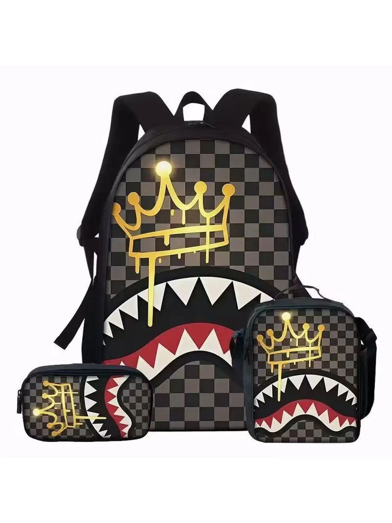 3Pcs Shark Mouth Camo Backpack Set for Boys, Cool Camouflage Print School Bookbag with Lunch Box & Pencil Case, Lightweight Back to School Backpack for Kids Teens