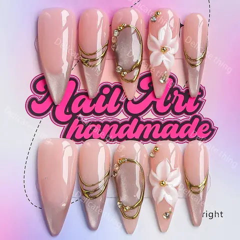 Delicatething Y2K Style Long Point Artificial Nails, Handmade Press On, 4 Sizes XS S M L, Perfect for Parties, Includes Jelly Glue, Crystal Stick, File, Nail Art Products