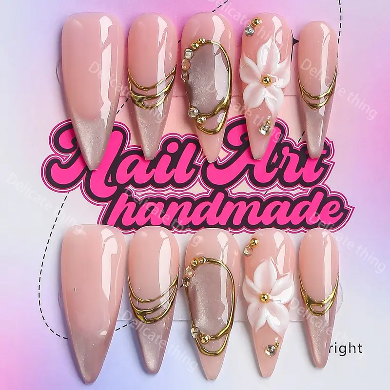 Delicatething Y2K Style Long Point Artificial Nails, Handmade Press On, 4 Sizes XS S M L, Perfect for Parties, Includes Jelly Glue, Crystal Stick, File, Nail Art Products