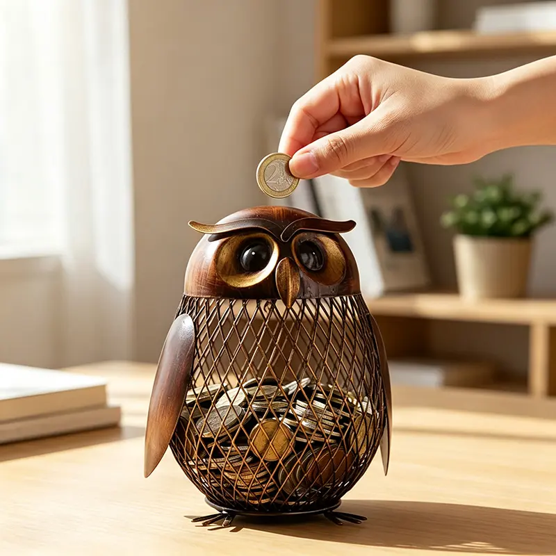 1pc Owl Animal Shaped Coin Bank Money Bank Coin Jar Rustproof Handmade Metal Painted Home Decor Cartoon Retro Gift, Back to School Birthday Gift Christmas Gifts