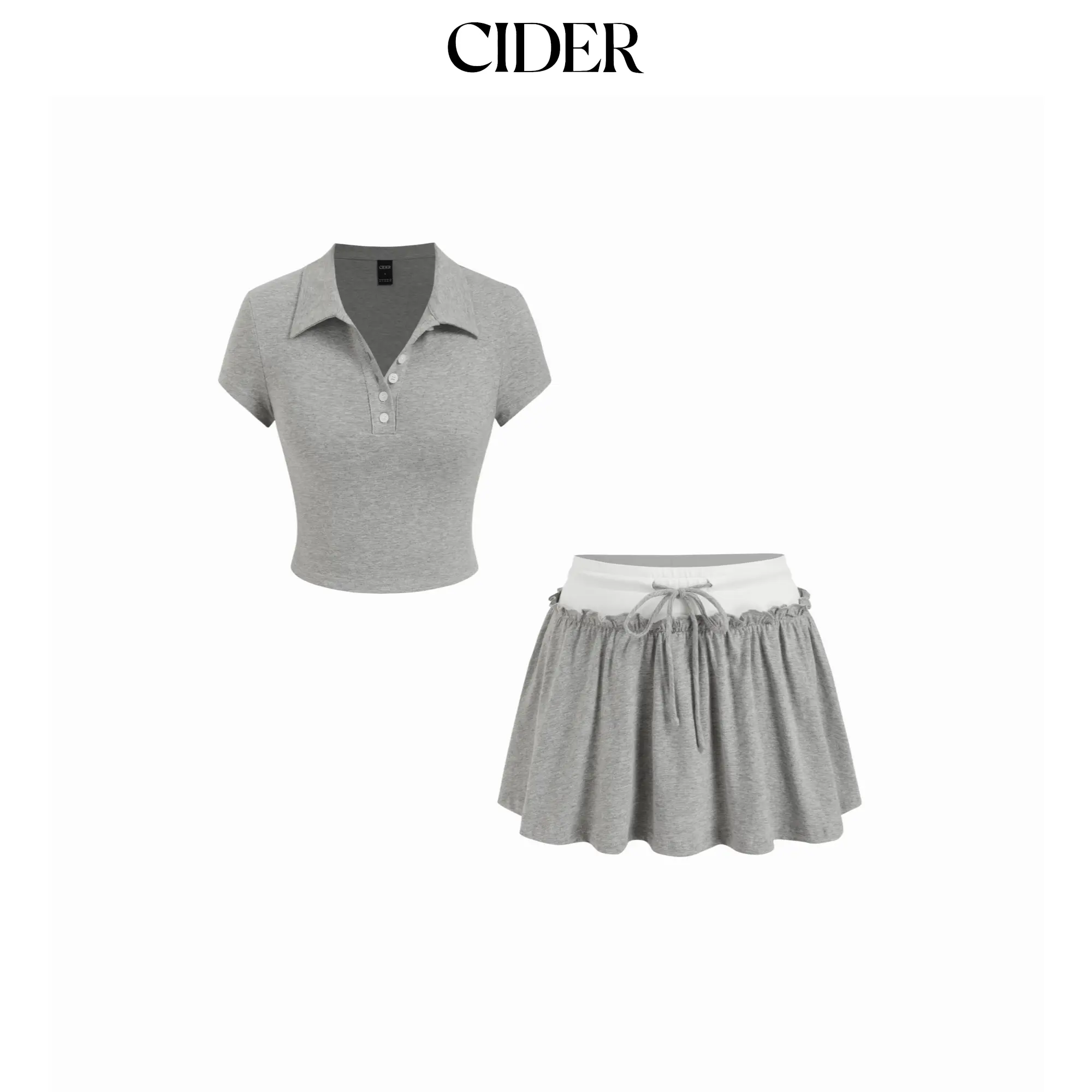 Cider Cotton-blend Polo Neck Crop Top & Low Rise Ruffle Mini Skirt Set SohoChic