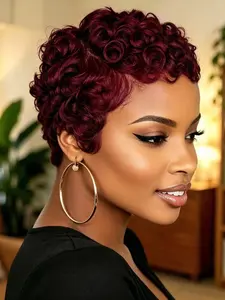 6 Inches Side Part Human Hair Short Pixie Cut Wig, Loose Curly Style for Women, Casual Look, No Bangs, Straight Hair Design