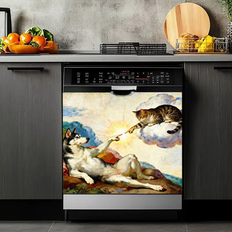 2D Flat 2Pcs Pet Art Dishwasher Cover Sticker Classic Parody Cat Dog Touch Decal Removable Vinyl Appliance Decoration for Kitchen Refrigerator Washing Machine Renaissance Style Funny Lovers Gift Home Decor Modern Waterproof Durable