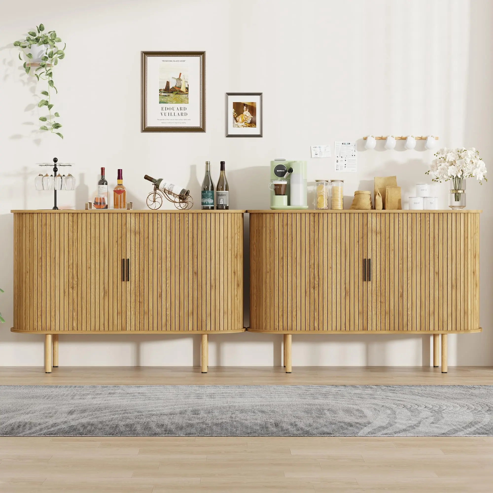 Garvee - Storage Buffet Closet, Mid-Century Modern Accent Closet 47 Inches, Sliding Entry Door, Small Storage Cabinets for Kitchen, Living Room