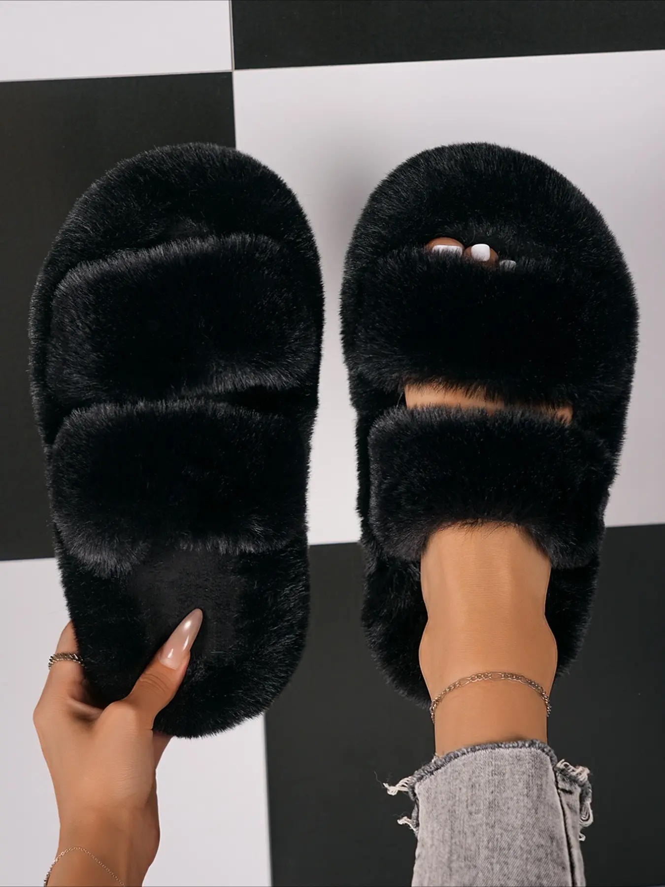 Two-strap fluffy platform slippers soft warm indoor outdoor multi-color trendy fuzzy slides for women
