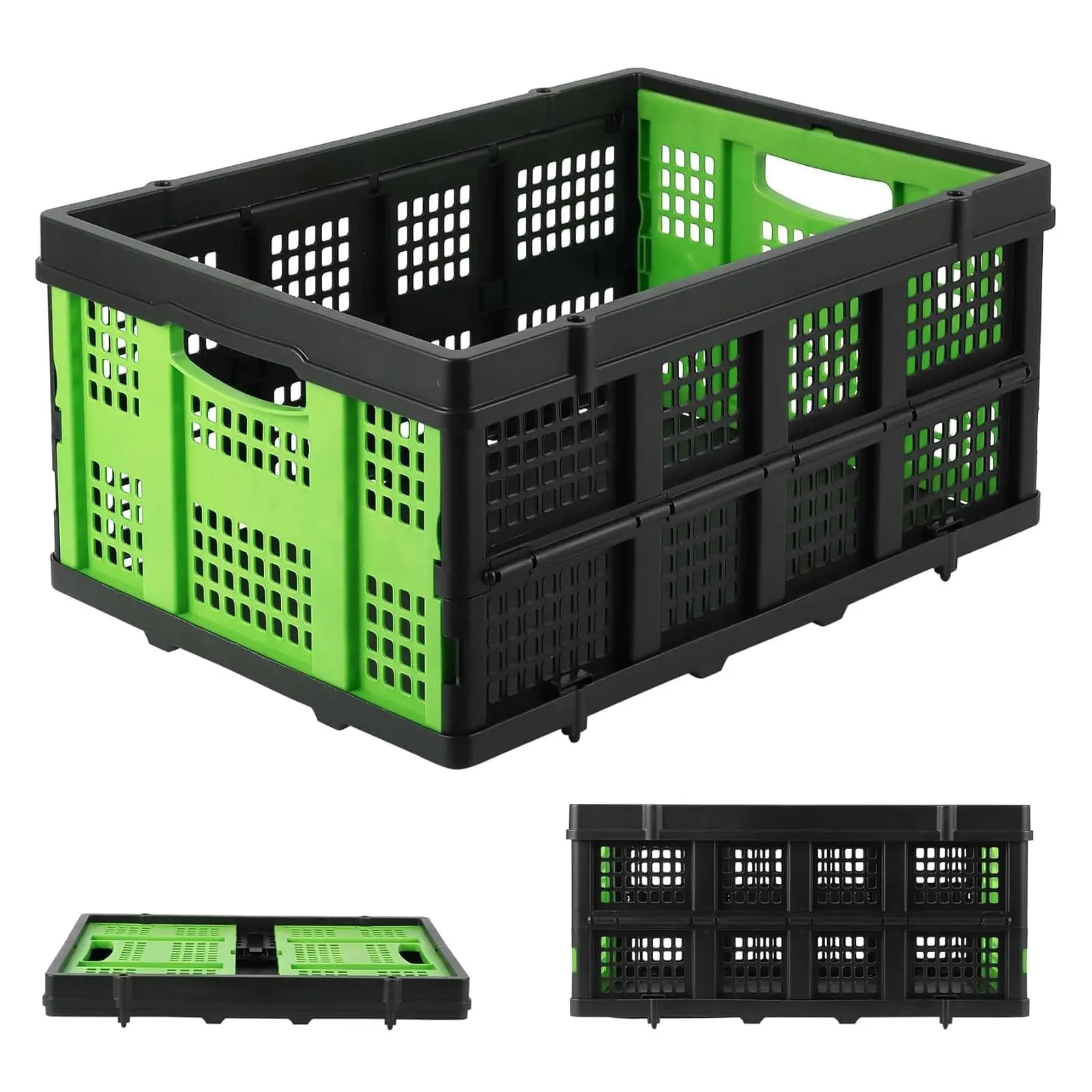Garvee Collapsible 55L Folding Stackable Plastic Storage Bin with Side Handles - Heavy Duty Storage Basket for Home, Office, School & Garage, Green