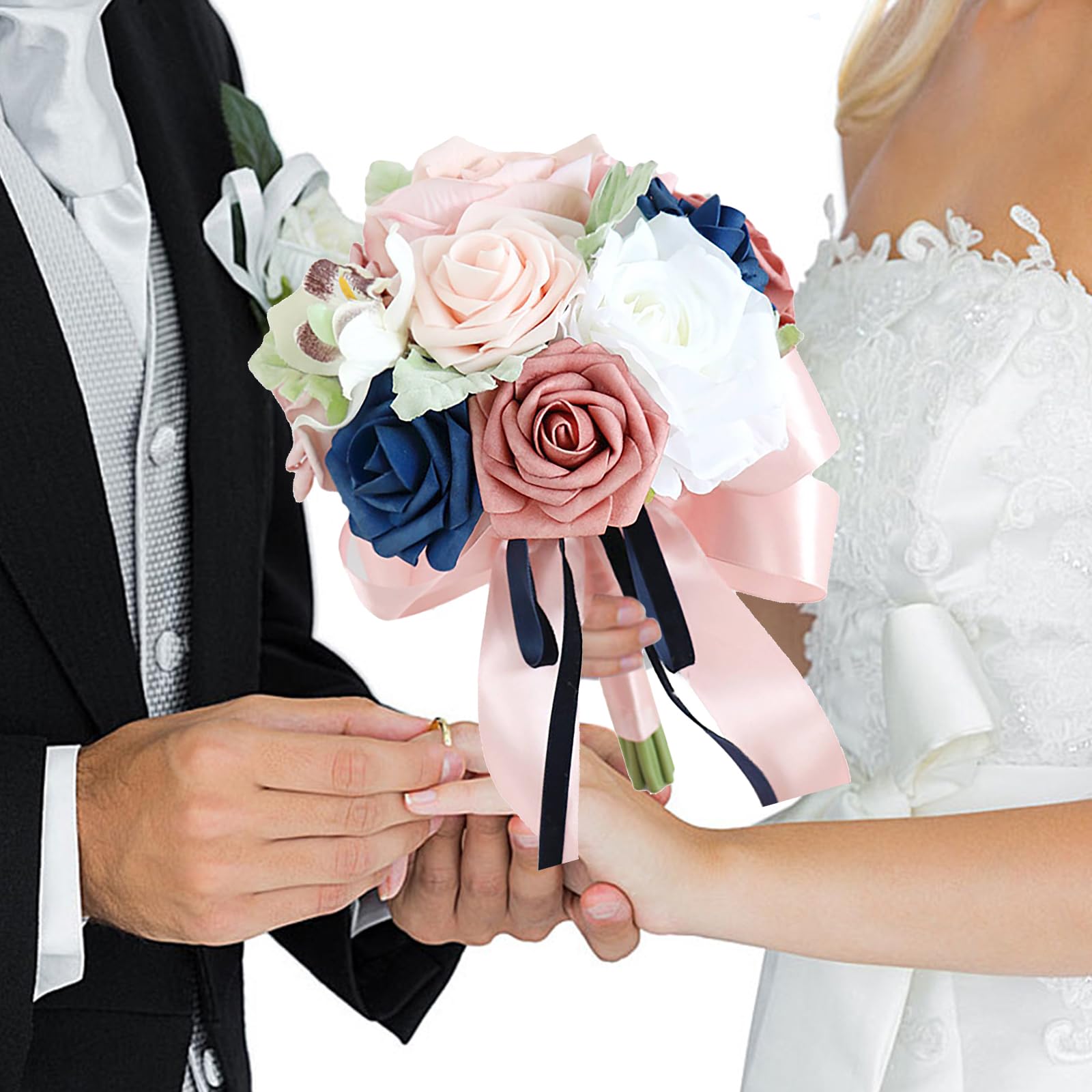 Artificial Bean Paste Rose and Blue Bridesmaid Bouquet, Bridesmaid Wedding Bouquet Flowers Pink Ornaments Decorative