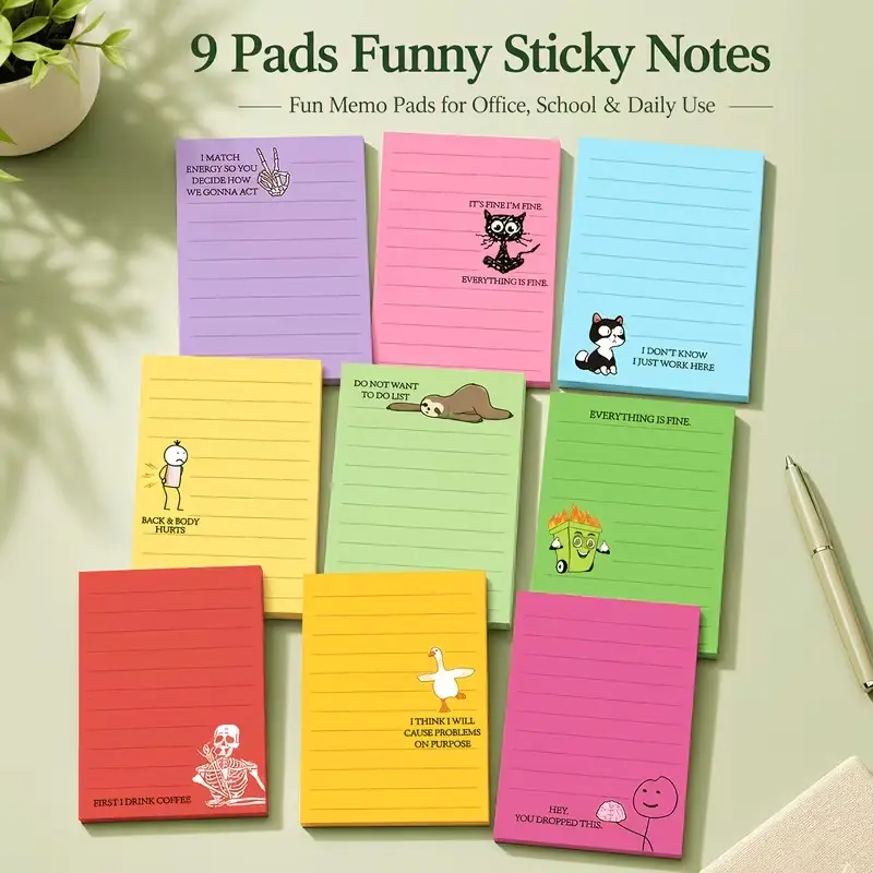 9-Pack Funny Sticky Notes, Work-Exclusive, 10.16x7.62cm Satirical Self-Stick Notepad, Bright Colorful Ruled Notebook, Office Creative Stickers, Daily Use