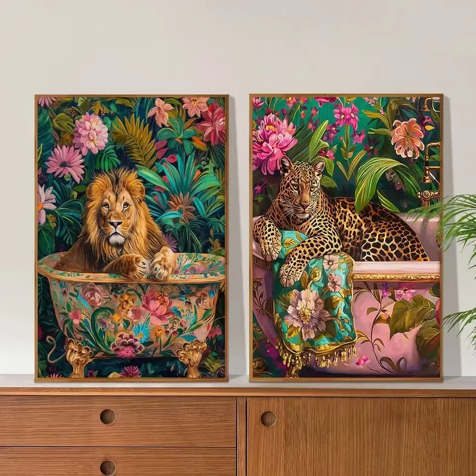 2pcs Modern Colorful Dopamine Art Unframed Wall Art, Lion in Bathtub Canvas Painting, Bathroom Home Decor Poster, Frameless Hanging Print