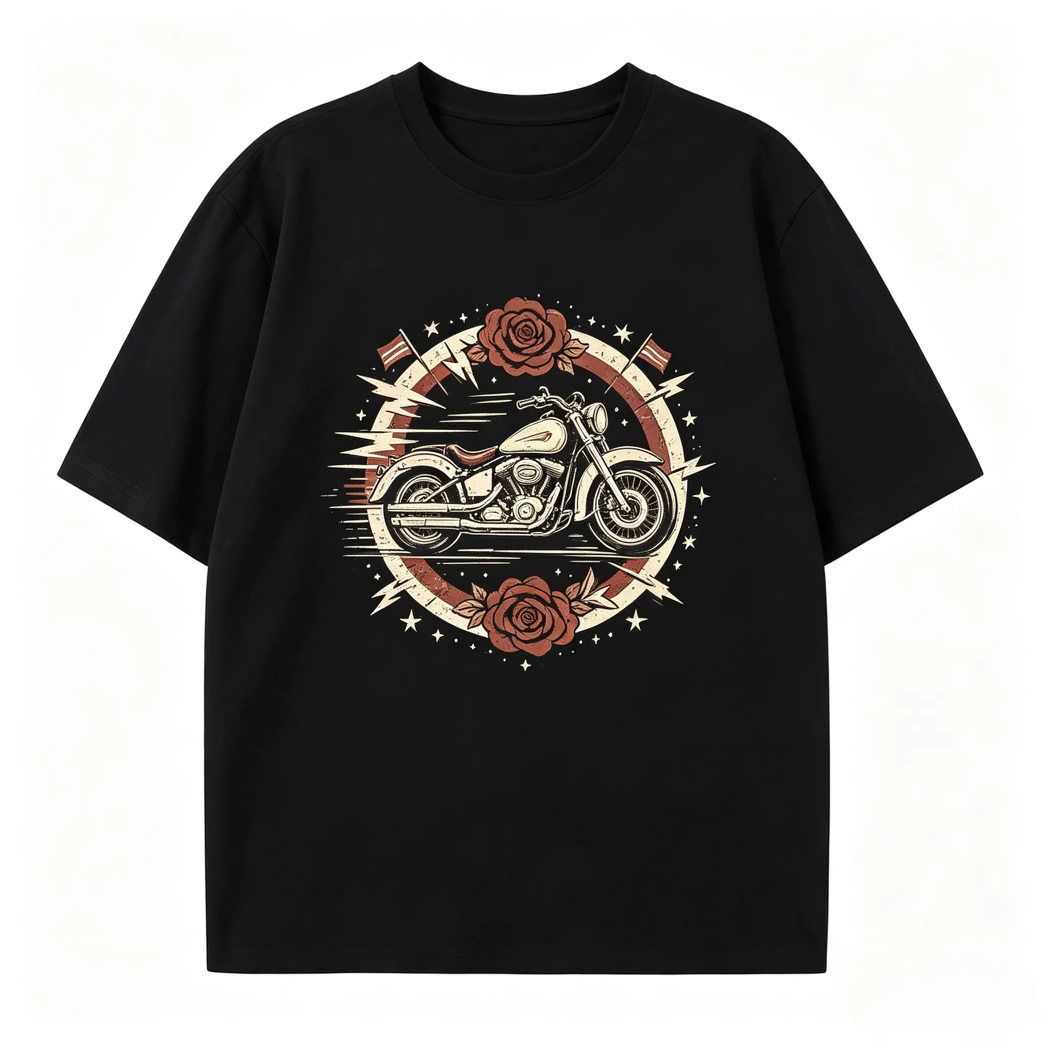 Women's Vintage Motorcycle Rose Lightning Star Graphic Oversized Short-Sleeve Cotton T-Shirt - Classic, Soft, Breathable Fabric, Retro Biker Comfort Casual Tee, Valentine's Day Gift For Biker Lovers, Shortsleeve, Tshirt
